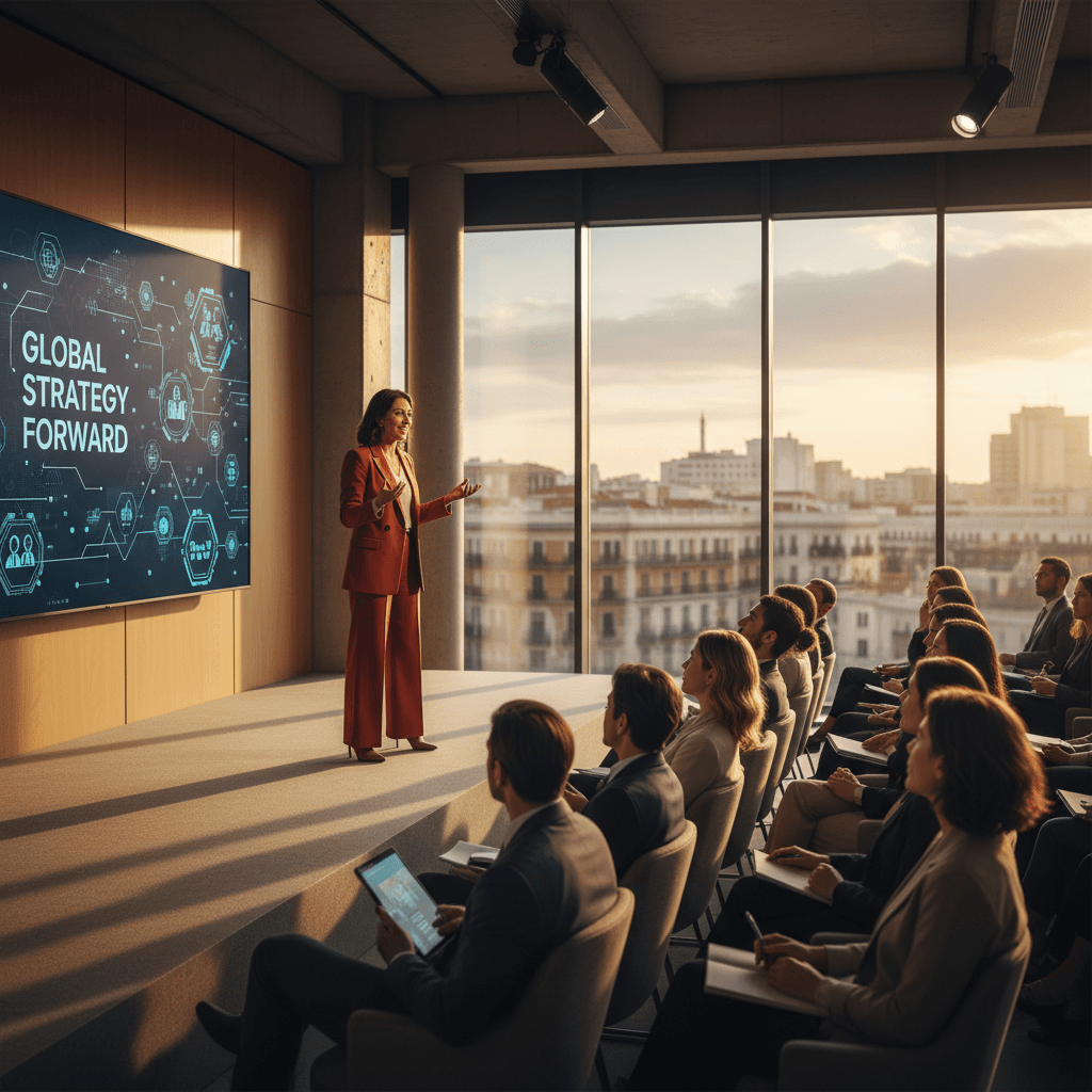 Thought leader presenting strategic insights to international business audience