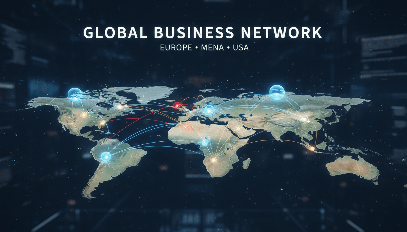 International business ecosystem map showing Eqyra Group operations across multiple continents