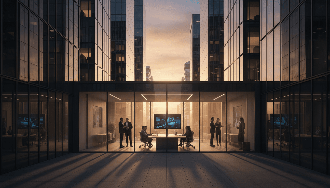 Modern Madrid business district with contemporary architecture and golden hour lighting