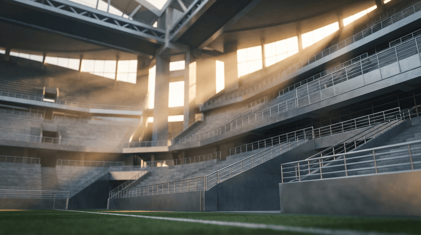 Modern stadium interior with tiered seating, natural light rays streaming through architectural elements, clean contemporary design.