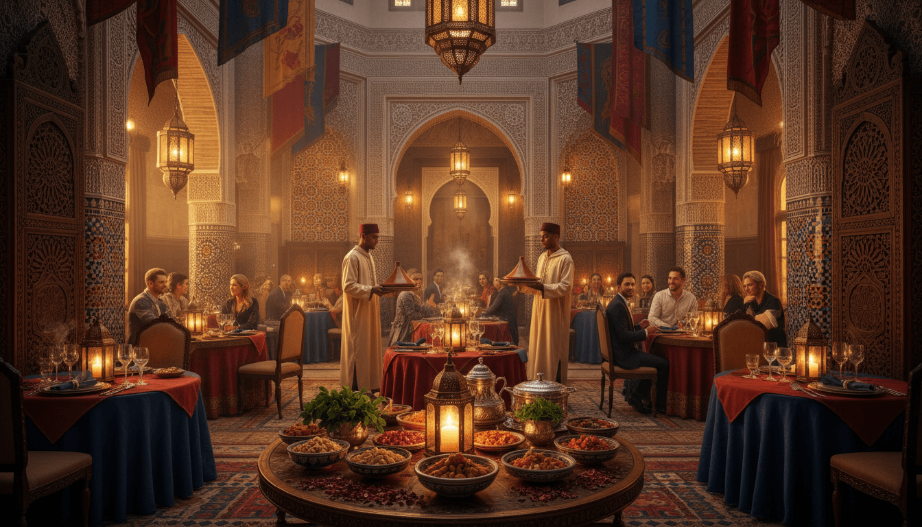 Ornately decorated Moroccan dining hall with carved wooden screens, brass lanterns, jewel-toned textiles, and servers presenting traditional tagine dishes