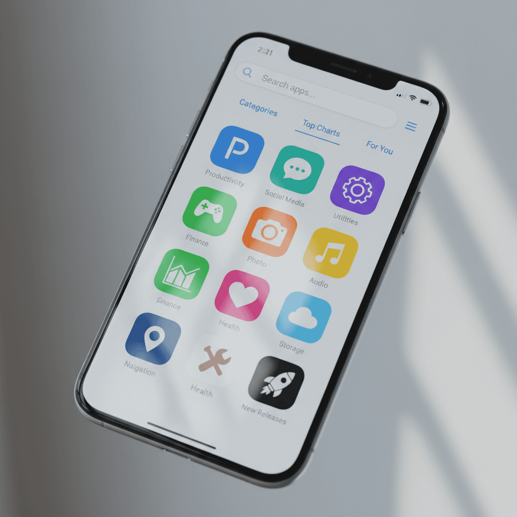 Smartphone screen displaying colorful app marketplace interface with grid of application icons and search filters