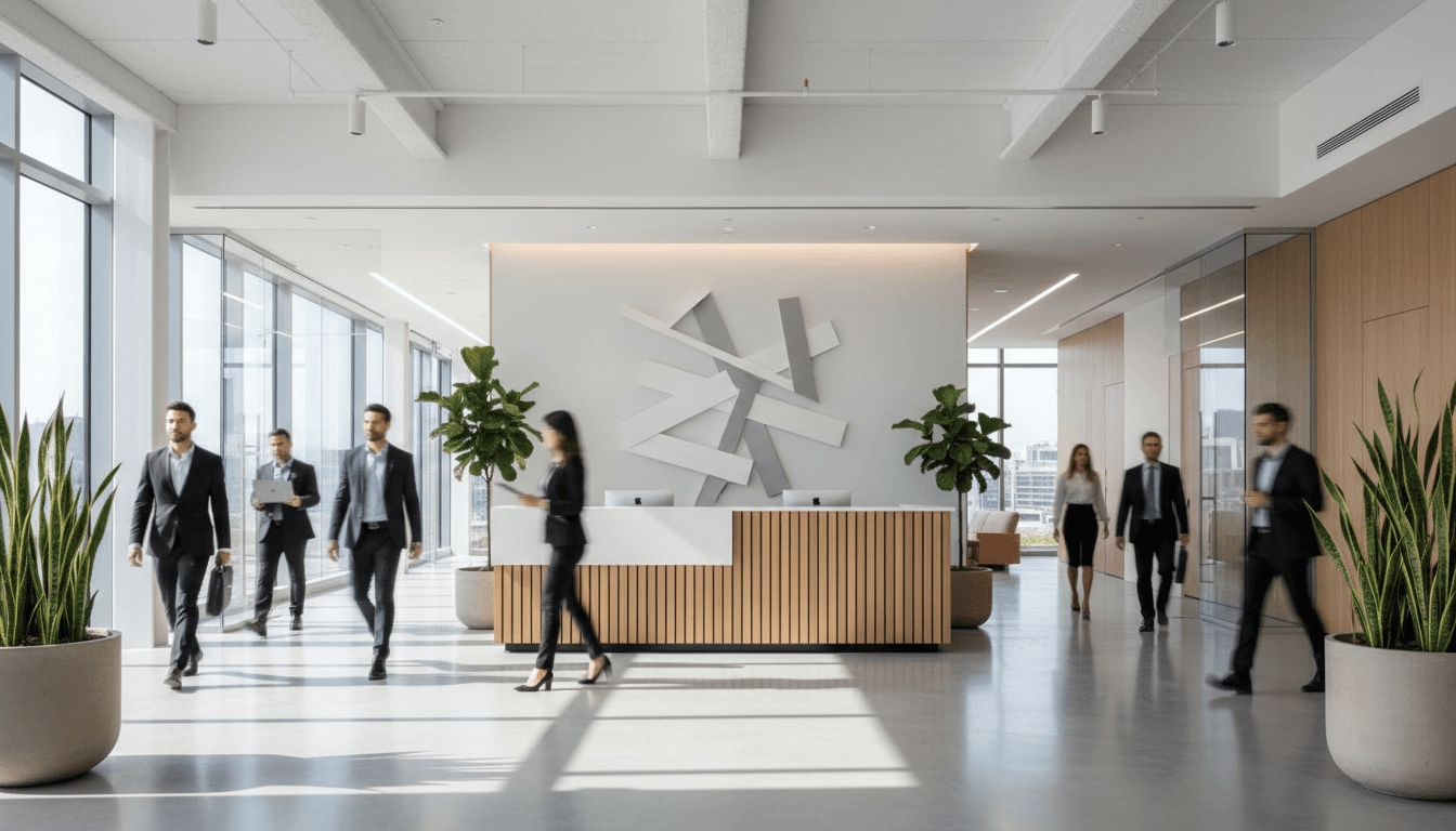 Modern office lobby with professionals collaborating