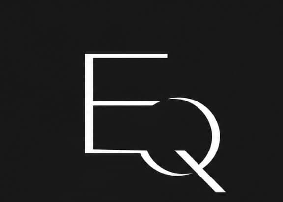 Minimalist white logo featuring overlapping letters E and Q on a solid black background.