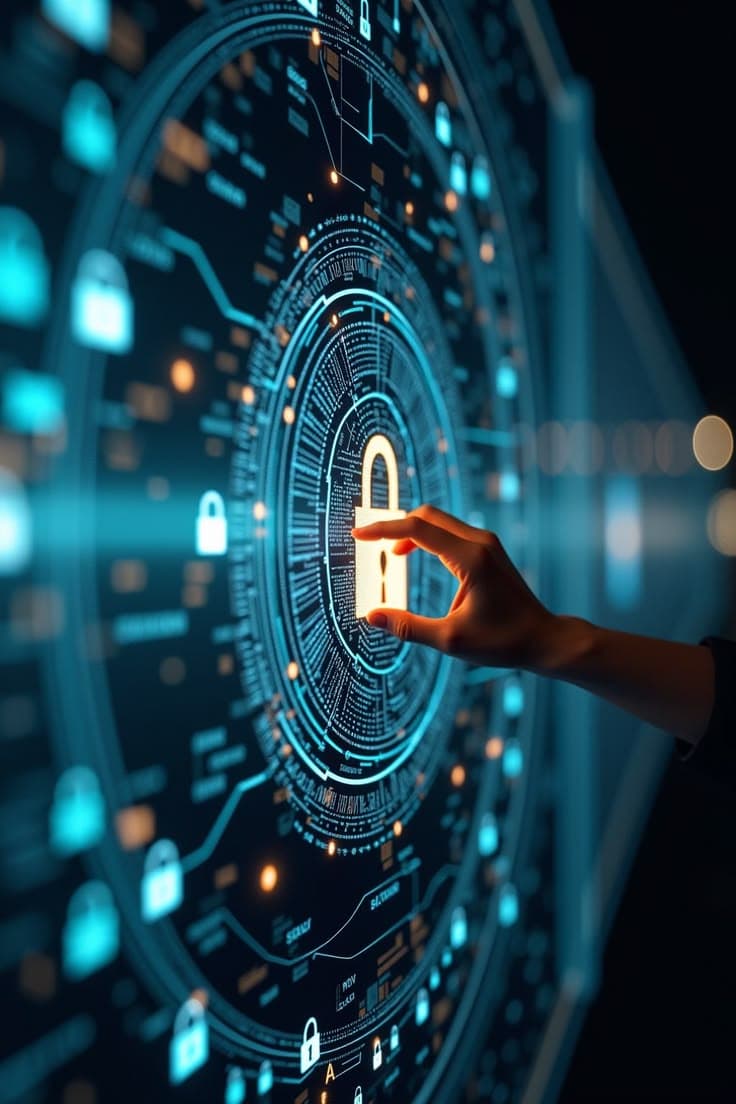 Hand touching a glowing padlock icon on a futuristic circular blue digital cybersecurity interface.