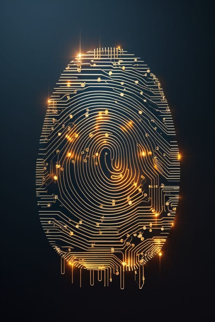 Glowing golden fingerprint composed of circuit board lines and nodes against a dark background.