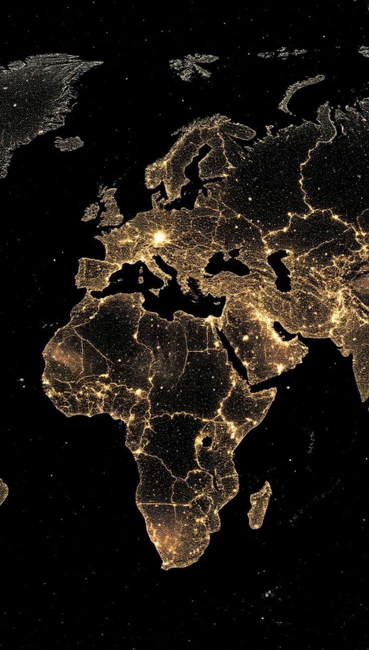 Satellite view of Earth at night with golden city lights outlining Europe and Africa.
