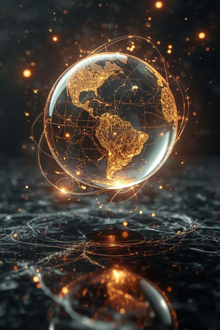 Glowing transparent globe showing the Americas, surrounded by golden light trails and floating particles.